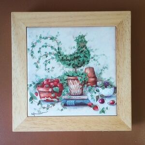 Vintage Ceramic Strawberry & Floral Tile Trivet w/ Wood Frame